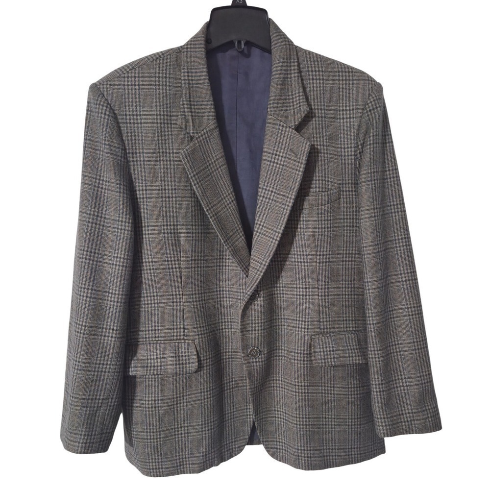 Vintage Plaid Blazer Sport Coat Brown Blue Gray Single Breasted Casual